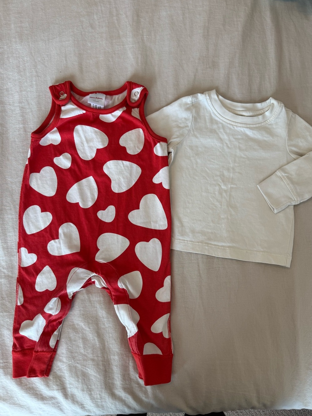EUC Baby Long Sleeve T-Shirt & Overalls Set - Artful Hearts, red and cream